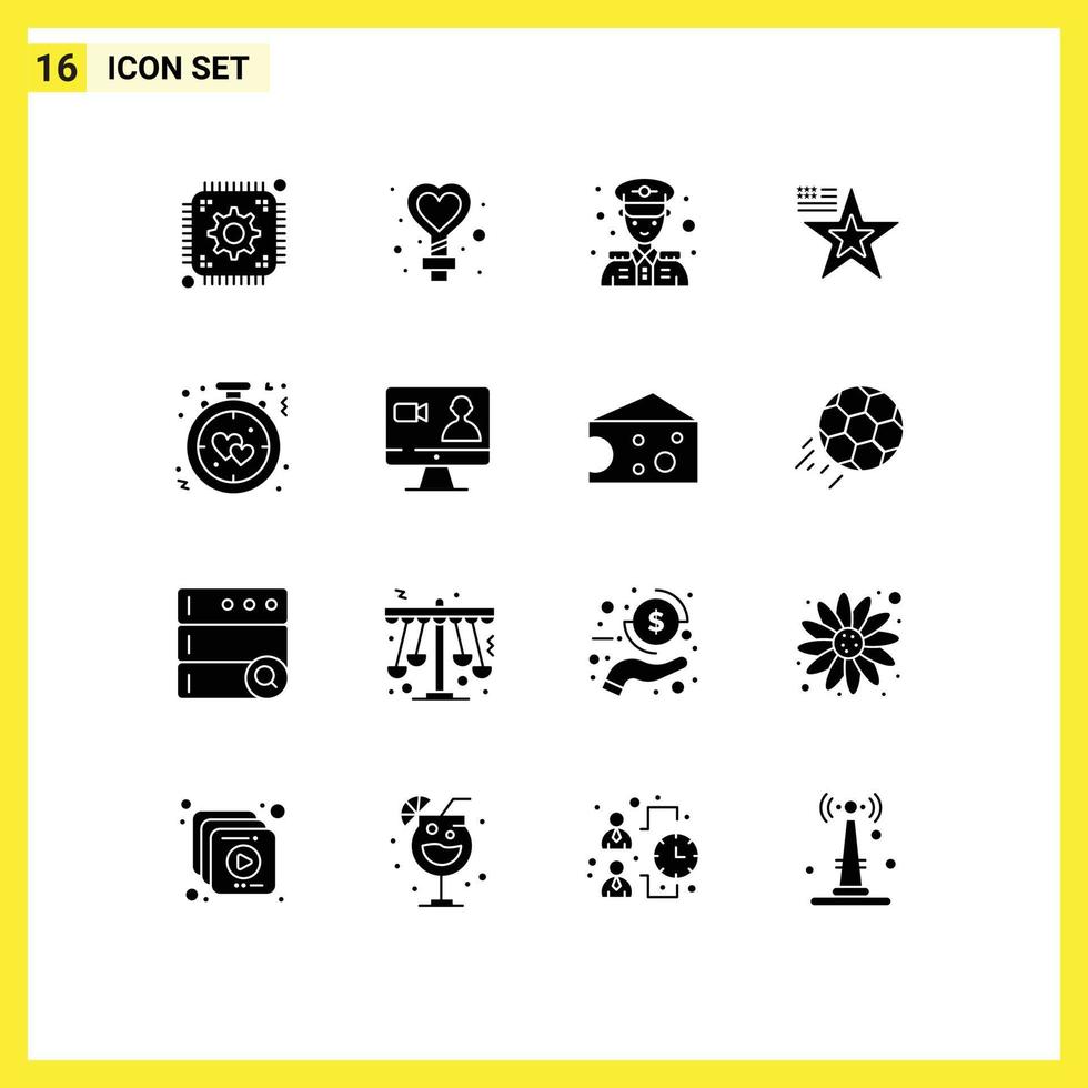 16 Thematic Vector Solid Glyphs and Editable Symbols of alarm clock police usa american Editable Vector Design Elements