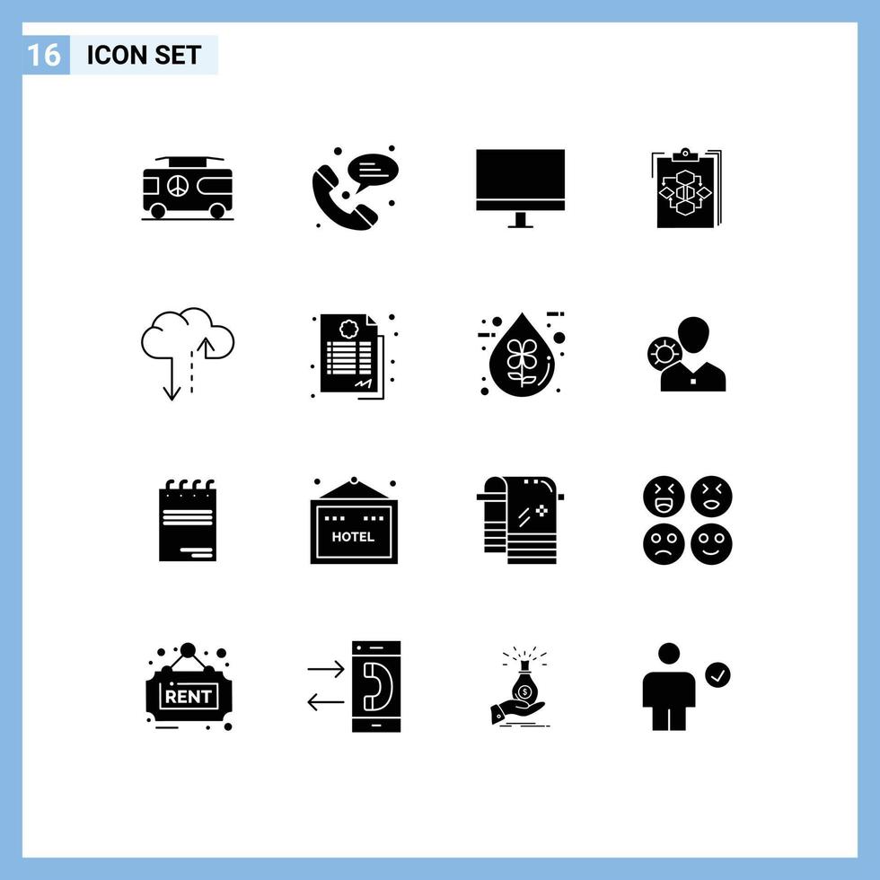 Group of 16 Solid Glyphs Signs and Symbols for work flow devices diagram clipboard Editable Vector Design Elements