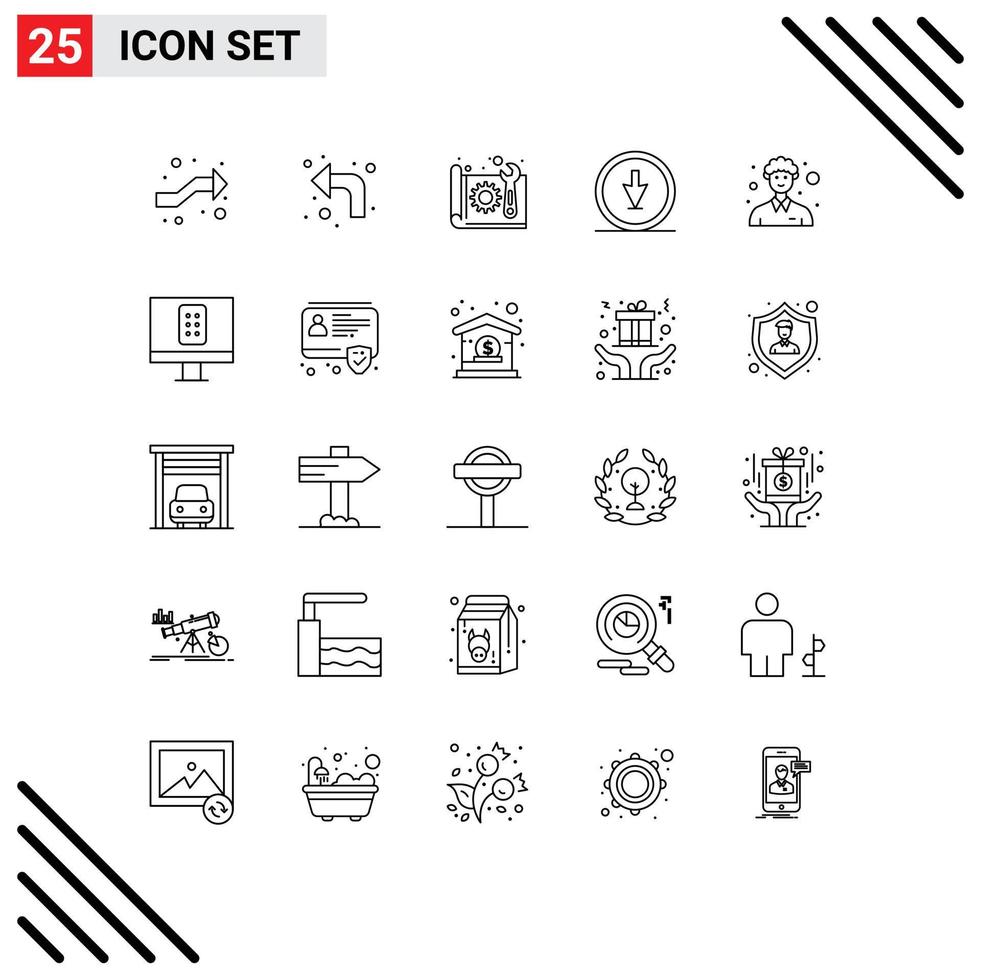 Modern Set of 25 Lines Pictograph of pointer down architecture direction plan Editable Vector Design Elements