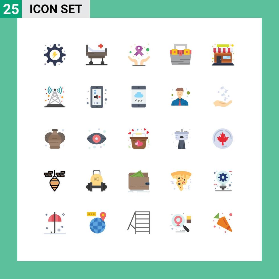 Mobile Interface Flat Color Set of 25 Pictograms of market material care construction bag Editable Vector Design Elements