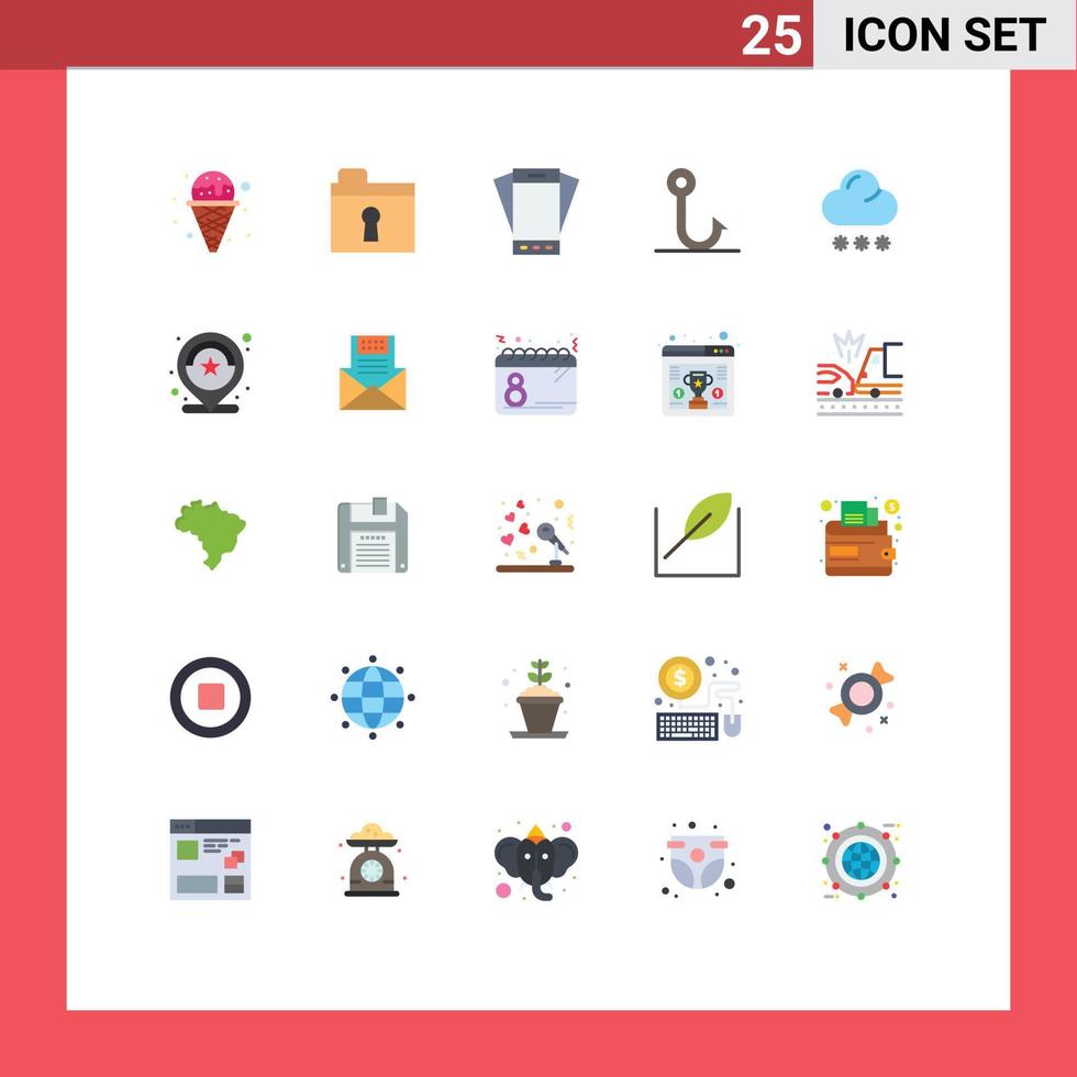 Modern Set of 25 Flat Colors Pictograph of snow cloud mobile hook fish Editable Vector Design Elements