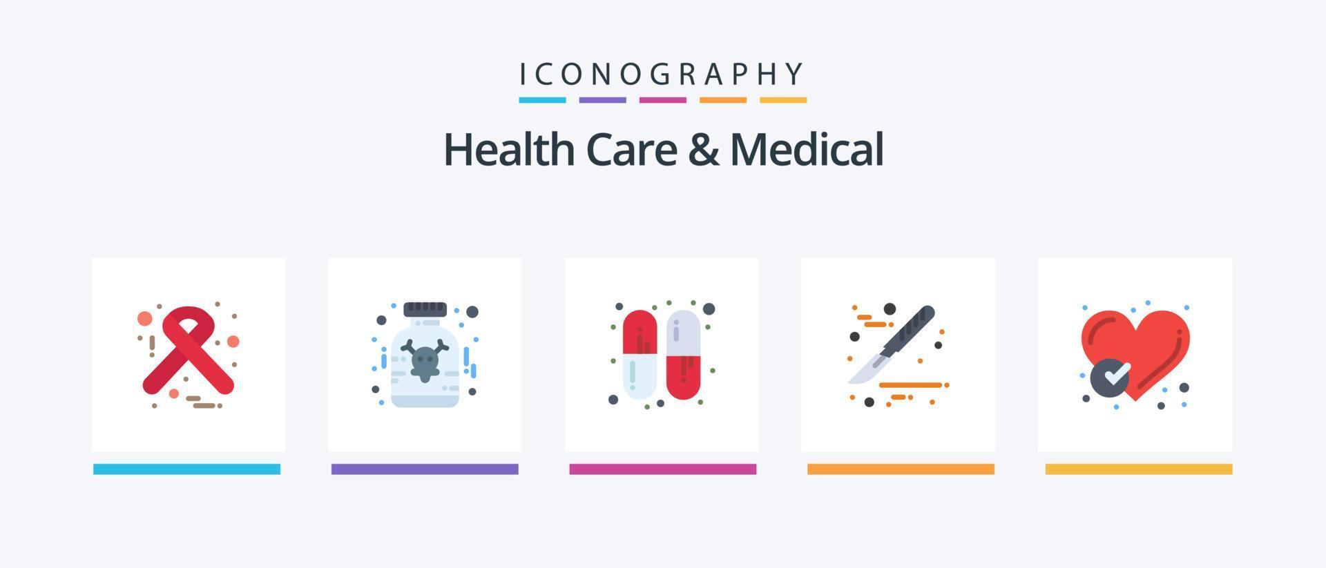 salud cuidado y médico plano 5 5 icono paquete incluso corazón. comprobado. cápsula. informe. bisturí. creativo íconos diseño vector