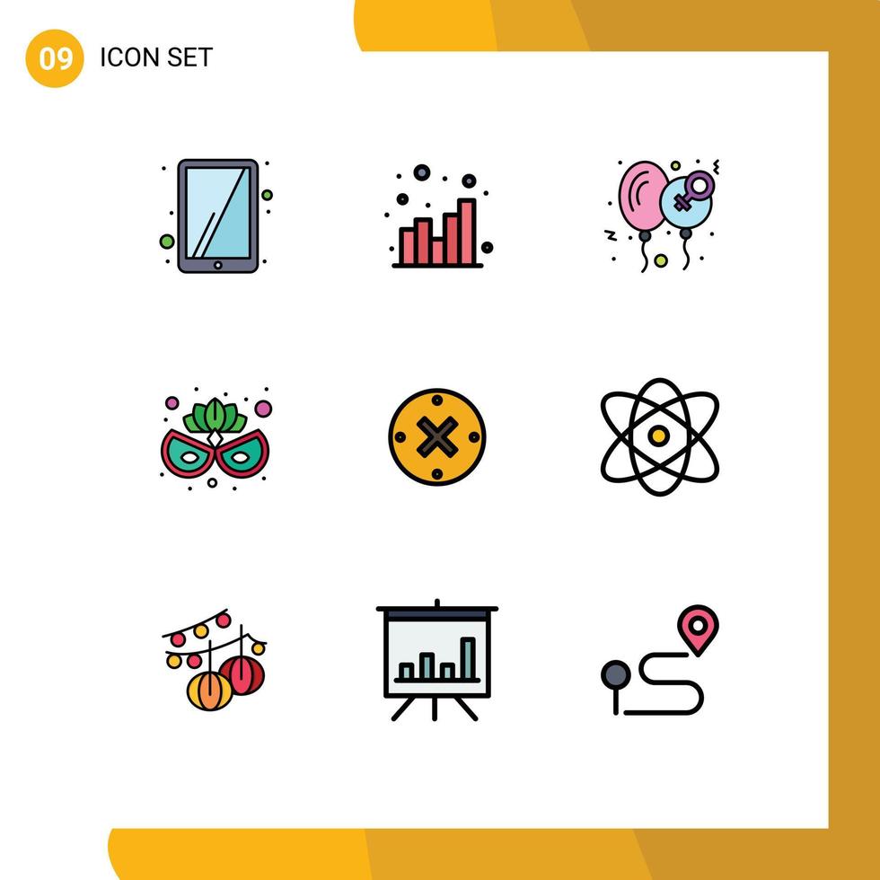Modern Set of 9 Filledline Flat Colors Pictograph of delete close day eye mask carnival mask Editable Vector Design Elements