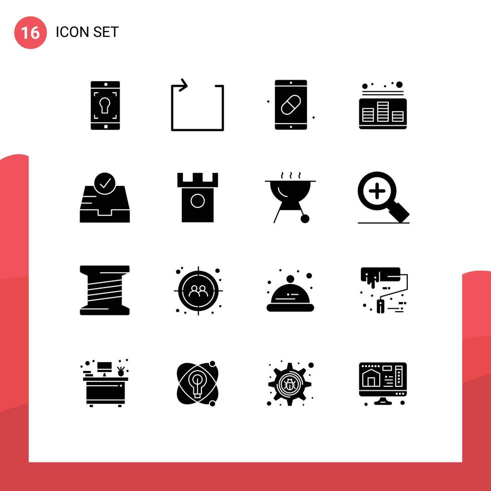 16 Thematic Vector Solid Glyphs and Editable Symbols of check music health level audio Editable Vector Design Elements