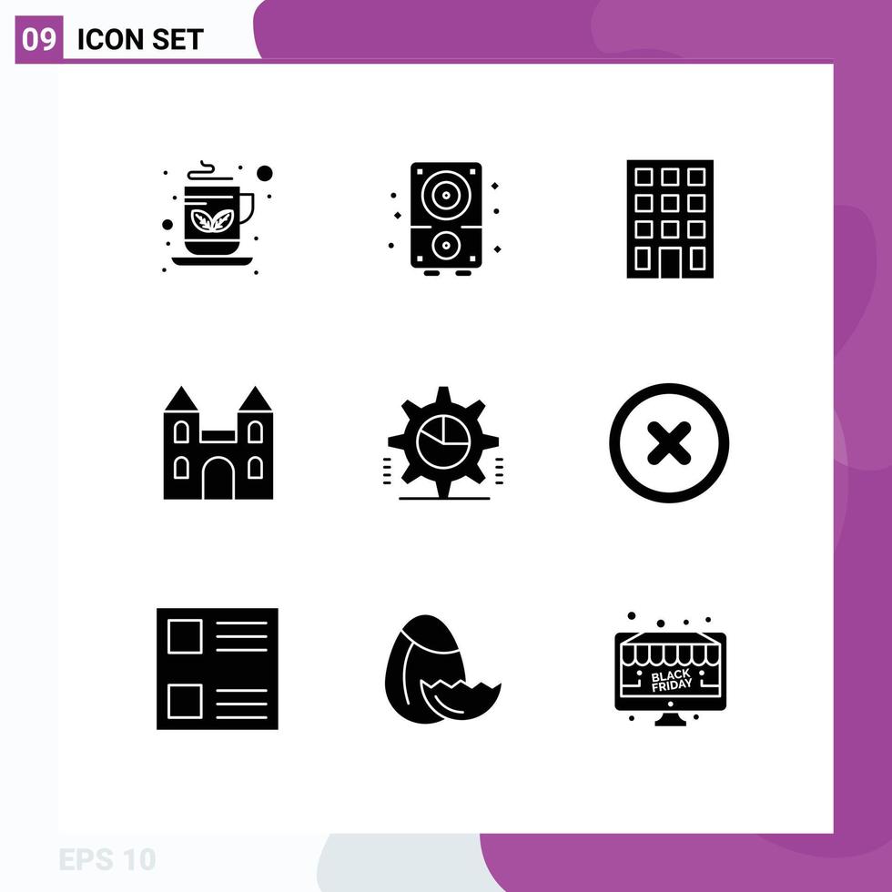 Pictogram Set of 9 Simple Solid Glyphs of pie graph cog building cross cathedral Editable Vector Design Elements