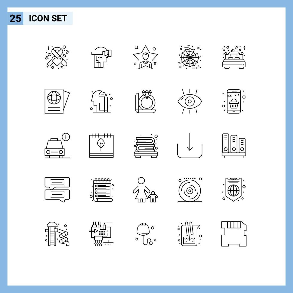 User Interface Pack of 25 Basic Lines of love web bright spider man Editable Vector Design Elements