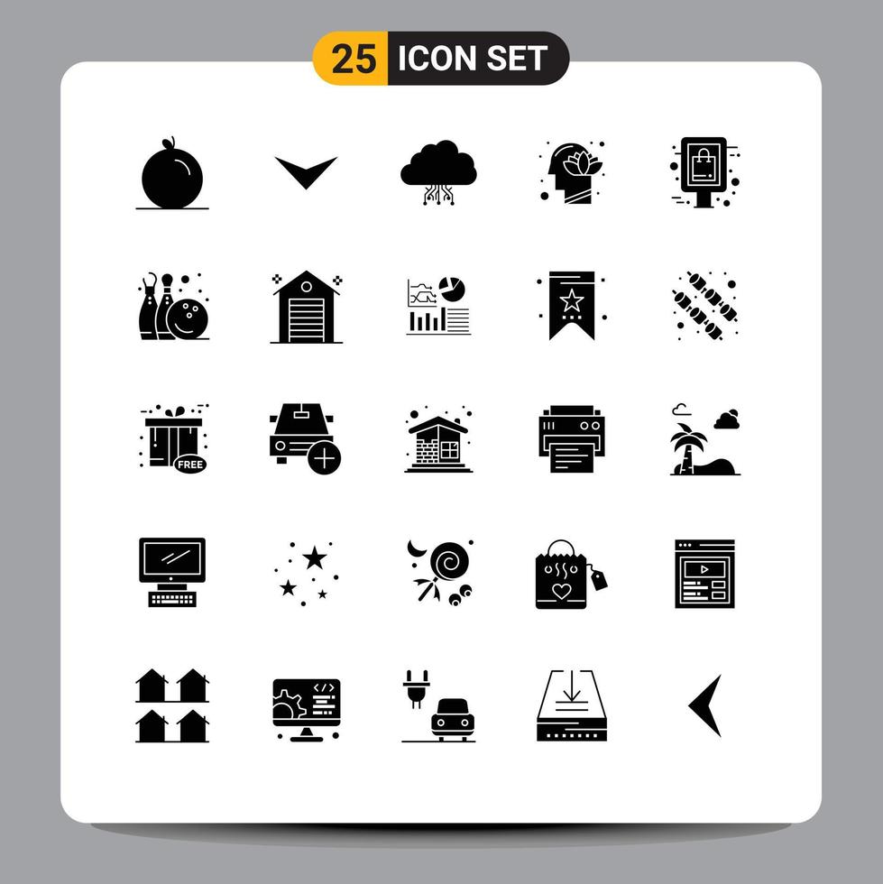 User Interface Pack of 25 Basic Solid Glyphs of board mind data lotus head Editable Vector Design Elements