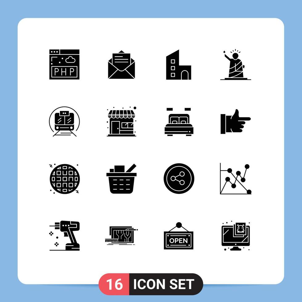 16 Universal Solid Glyphs Set for Web and Mobile Applications speed train statue building of landmarks Editable Vector Design Elements
