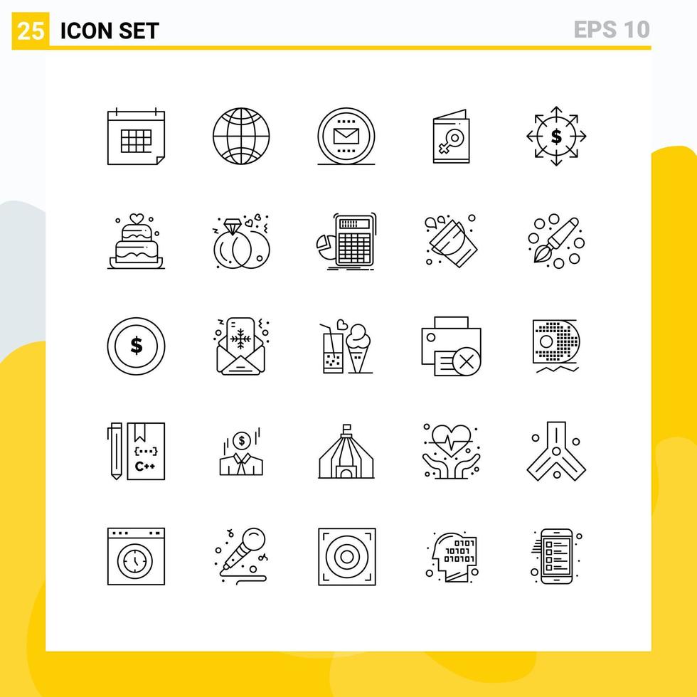 25 Universal Line Signs Symbols of budget symbol basic female mail Editable Vector Design Elements