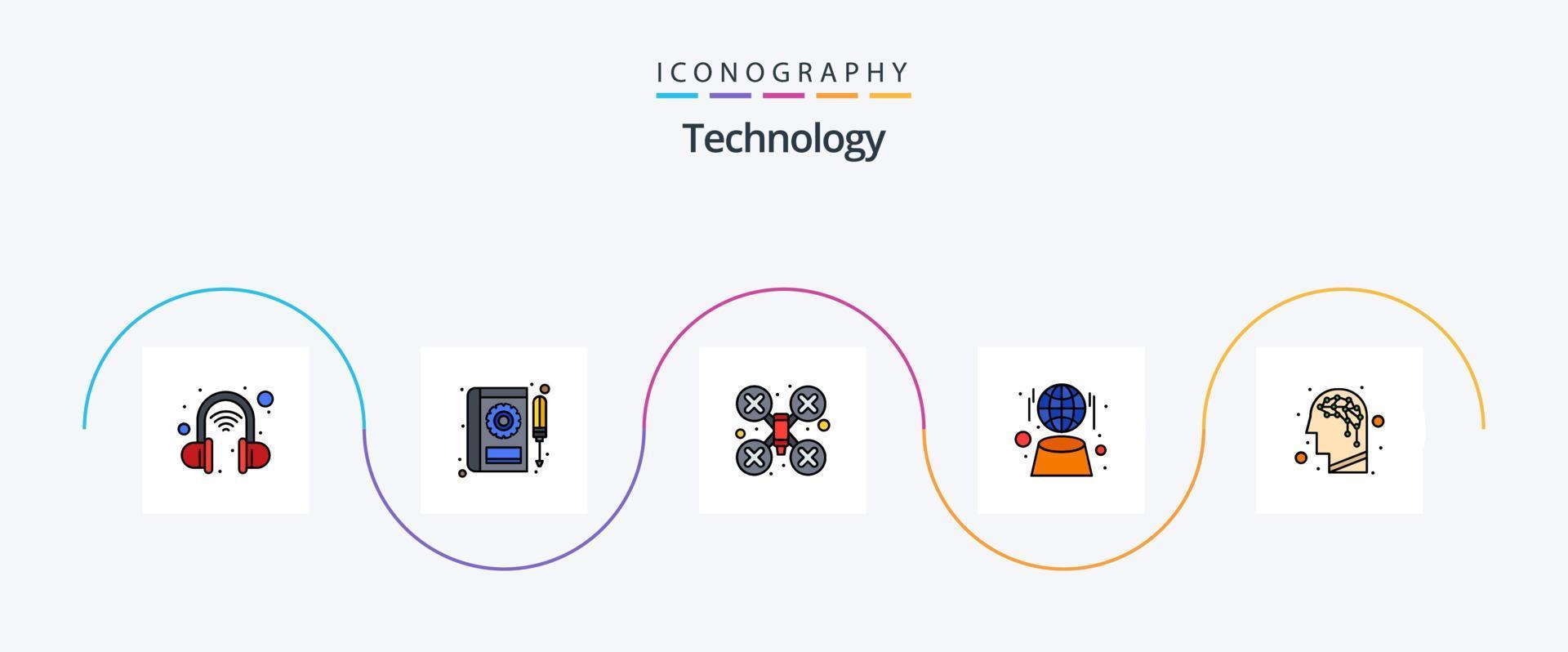 Technology Line Filled Flat 5 Icon Pack Including brain. network. cam. hologram. digital vector