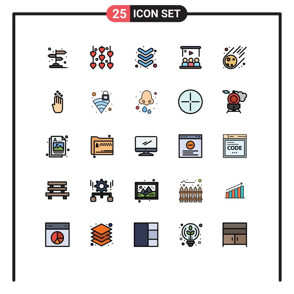 25 Thematic Vector Filled line Flat Colors and Editable Symbols of asteroid user arrow team video Editable Vector Design Elements