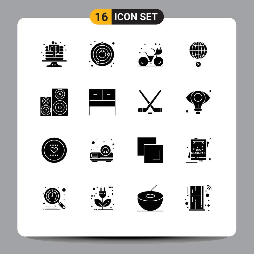 Group of 16 Modern Solid Glyphs Set for audio internet beach globe earth Editable Vector Design Elements