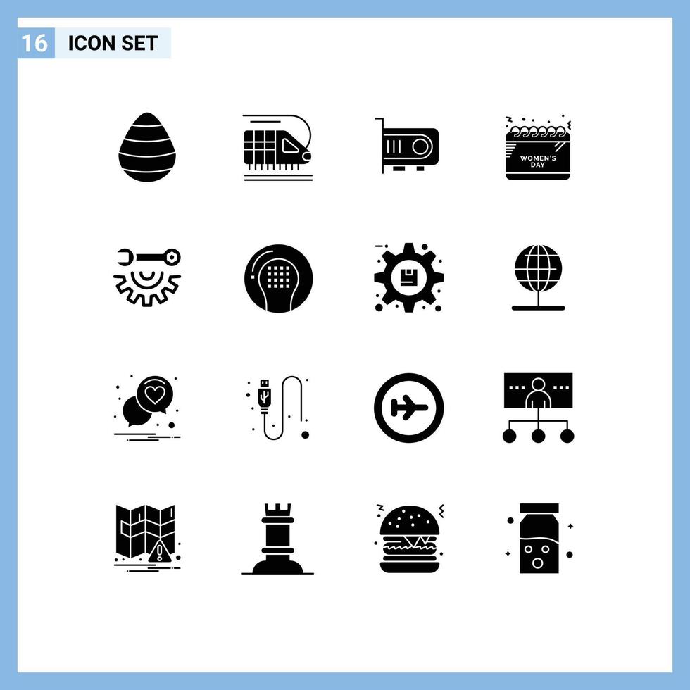 16 Universal Solid Glyphs Set for Web and Mobile Applications hand tools wrench wheel power celebrate schedule Editable Vector Design Elements