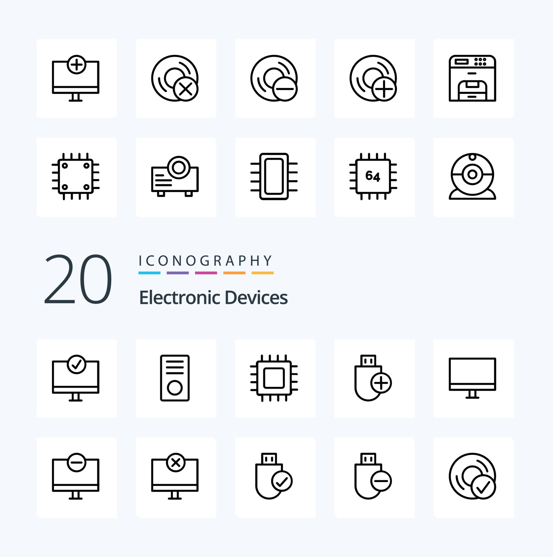 20 Devices Line icon Pack like disc computers gadget hardware devices