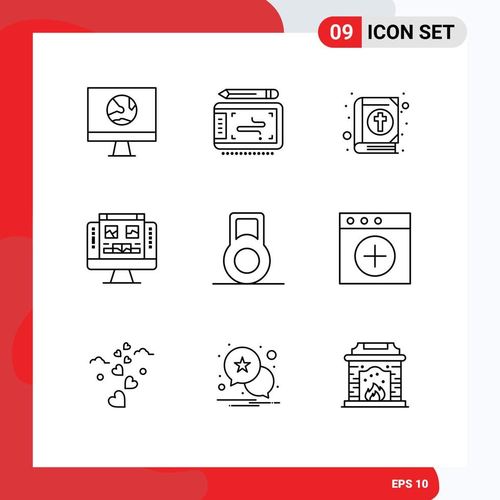 Group of 9 Outlines Signs and Symbols for dumbbell monitor wacom computer holiday Editable Vector Design Elements