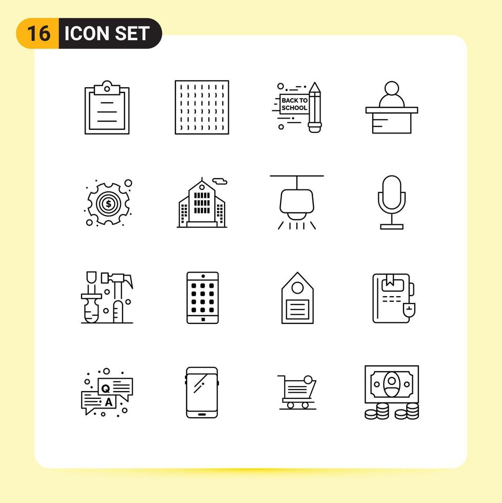User Interface Pack of 16 Basic Outlines of corporation building podium settings money Editable Vector Design Elements