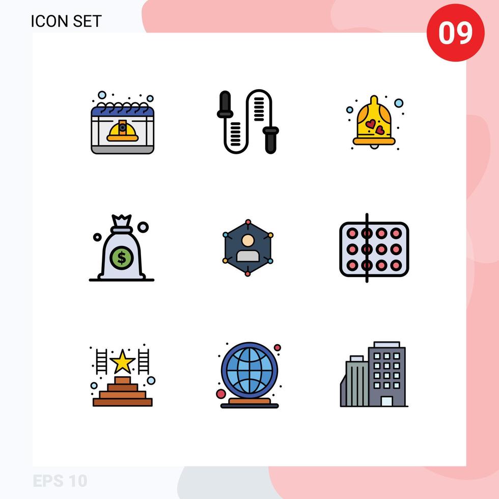 Modern Set of 9 Filledline Flat Colors and symbols such as connection money skipping dollar wedding Editable Vector Design Elements