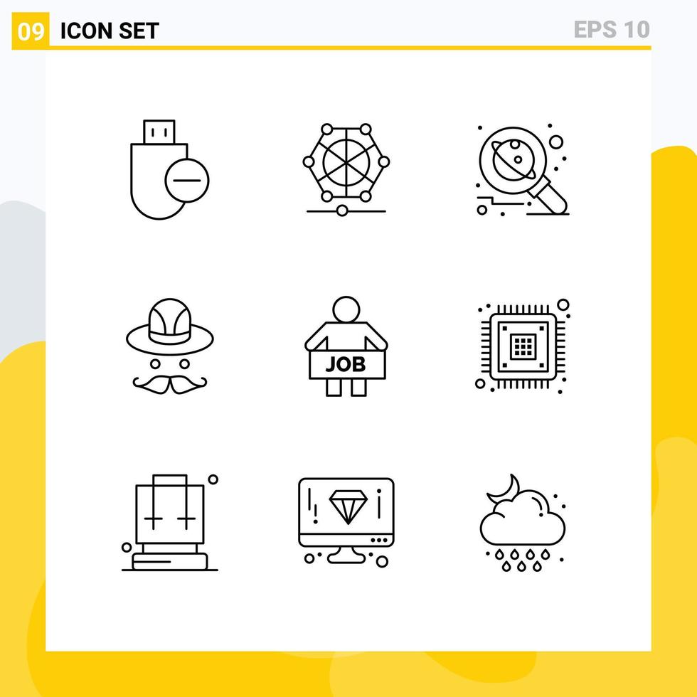 Set of 9 Vector Outlines on Grid for jobless hat data cap science Editable Vector Design Elements