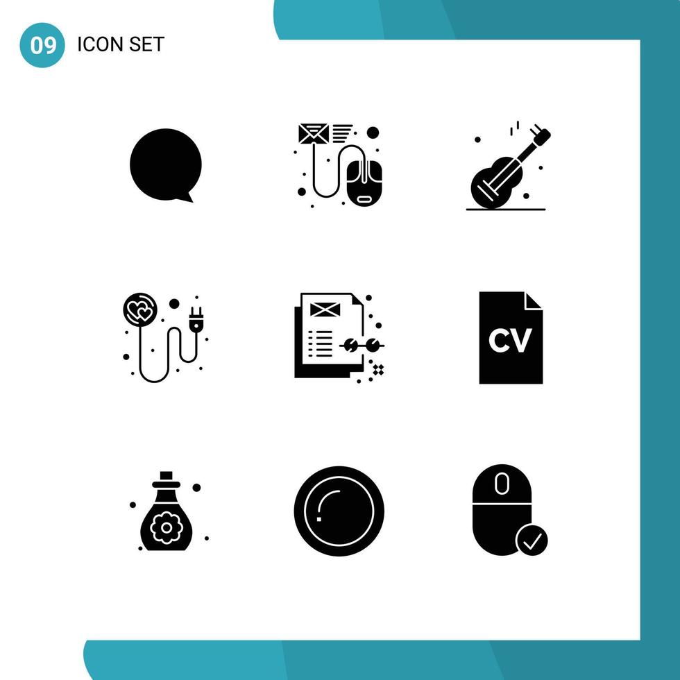 Pictogram Set of 9 Simple Solid Glyphs of content romance guiter recharge heart Editable Vector Design Elements