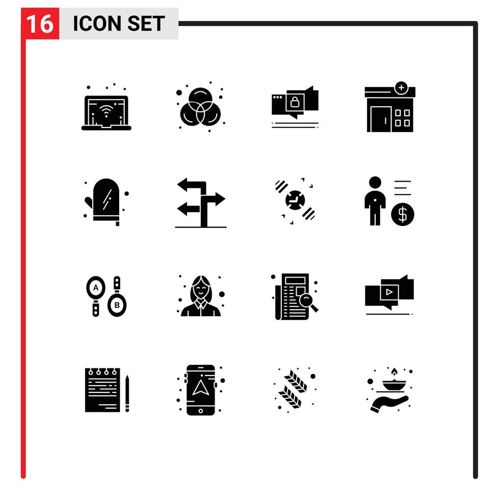 Pack of 16 Modern Solid Glyphs Signs and Symbols for Web Print Media such as direction kitchen secure glove cooking Editable Vector Design Elements