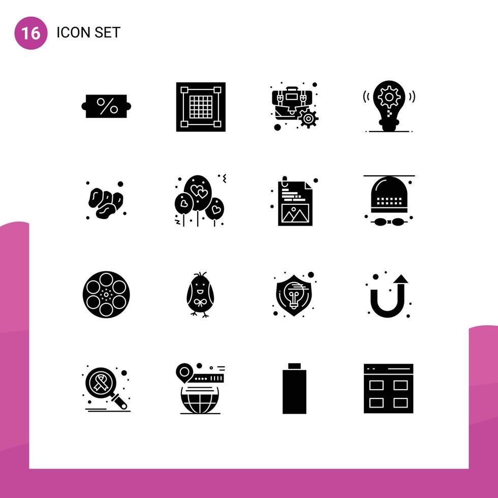 Group of 16 Solid Glyphs Signs and Symbols for fruit setting briefcase gear bulb Editable Vector Design Elements