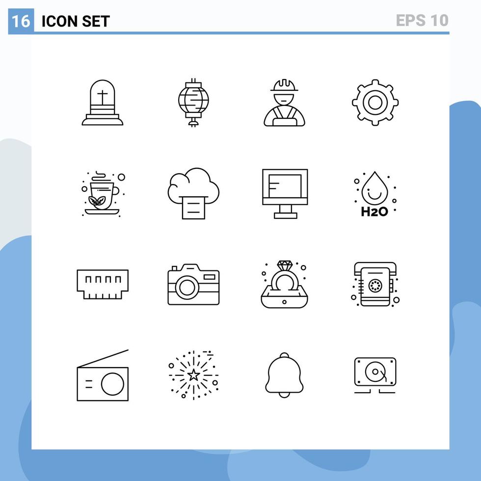 Modern Set of 16 Outlines Pictograph of cloud herbal tea builder green tea setting Editable Vector Design Elements