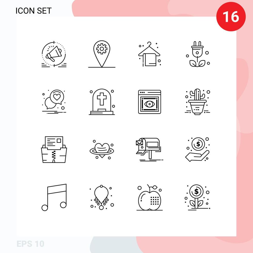 Outline Pack of 16 Universal Symbols of heart science beach green plug Editable Vector Design Elements