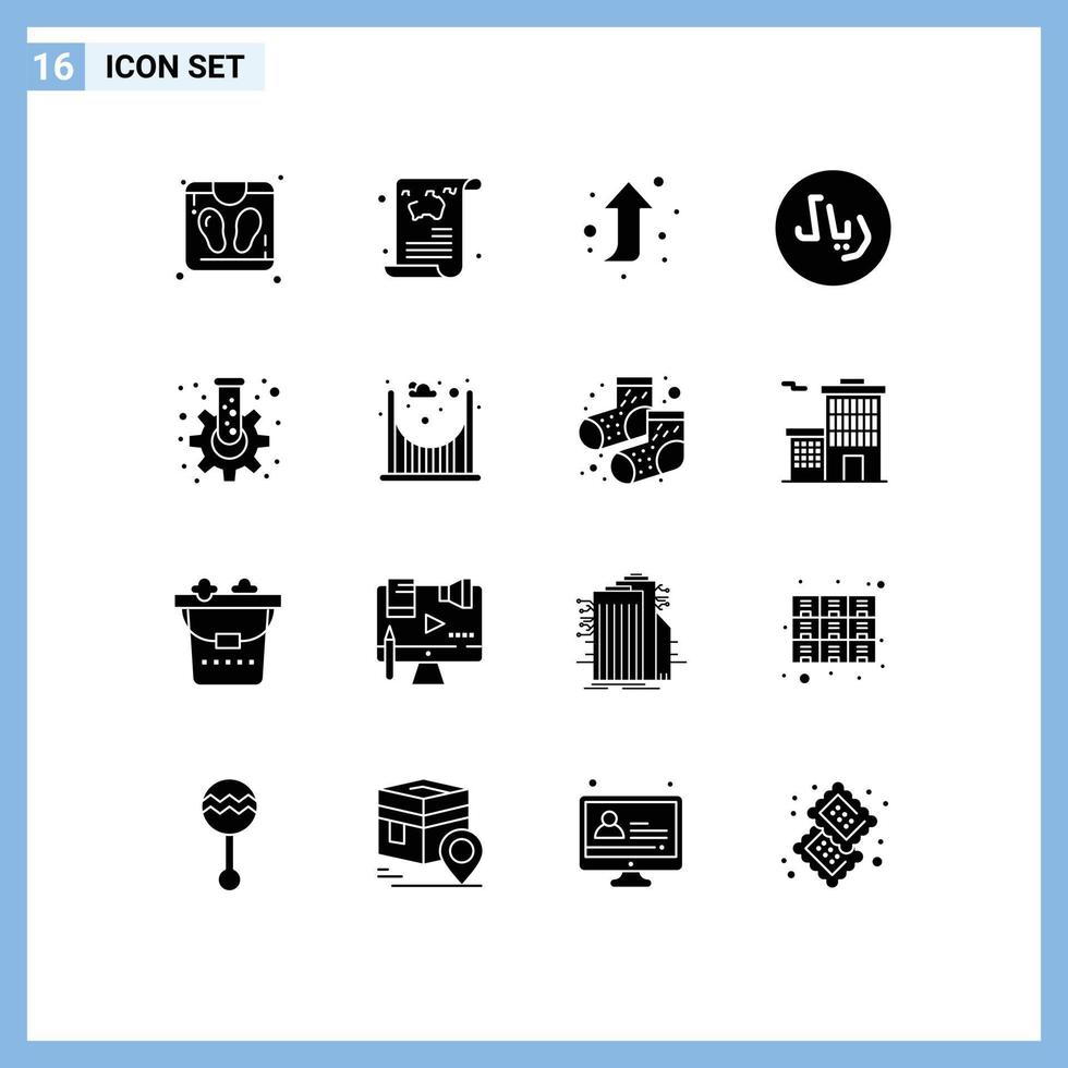 Group of 16 Solid Glyphs Signs and Symbols for tube flask arrow cog cash Editable Vector Design Elements