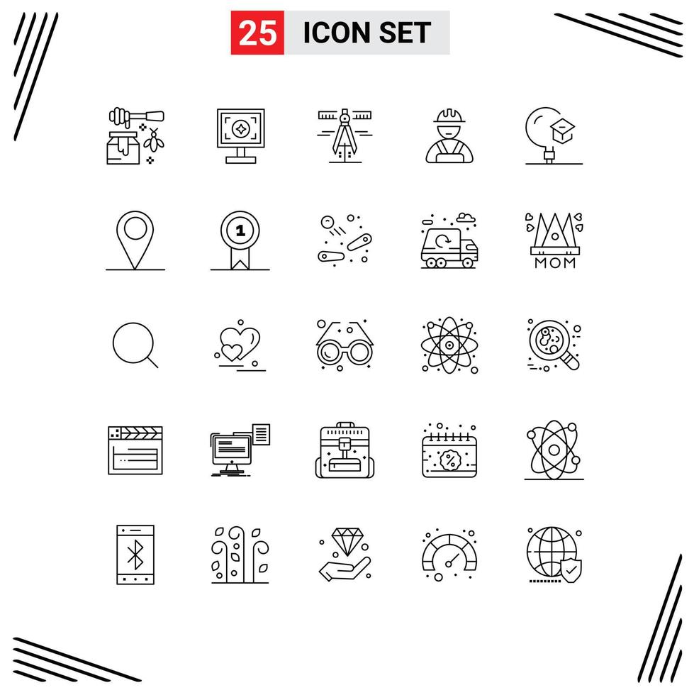25 User Interface Line Pack of modern Signs and Symbols of learning education calipers worker builder Editable Vector Design Elements
