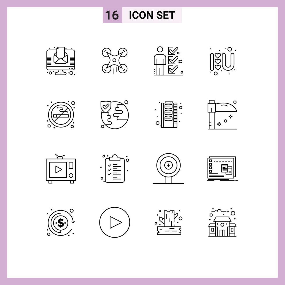 Set of 16 Modern UI Icons Symbols Signs for no love logo checklist heart sign man Editable Vector Design Elements