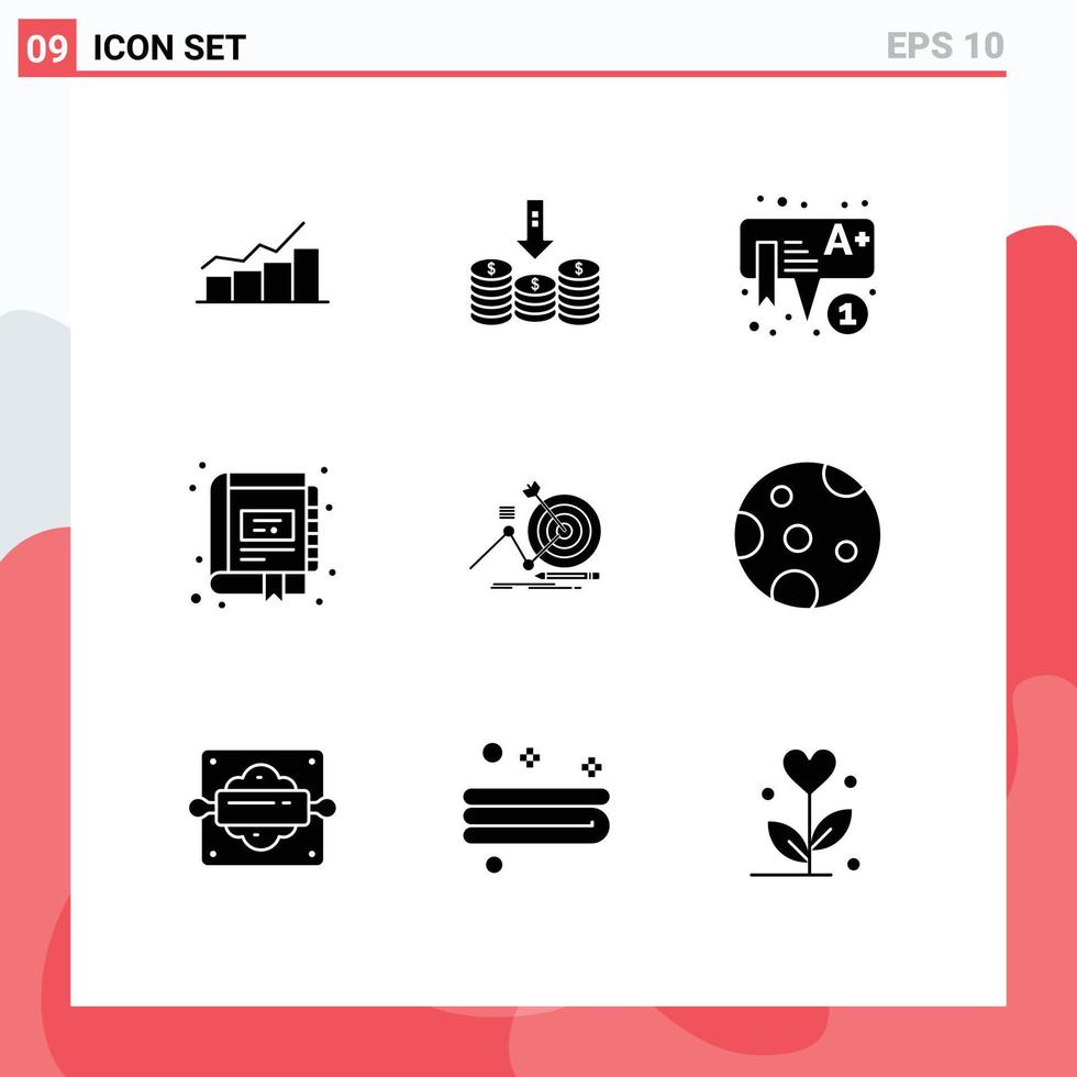 Mobile Interface Solid Glyph Set of 9 Pictograms of management book money preschool kids Editable Vector Design Elements