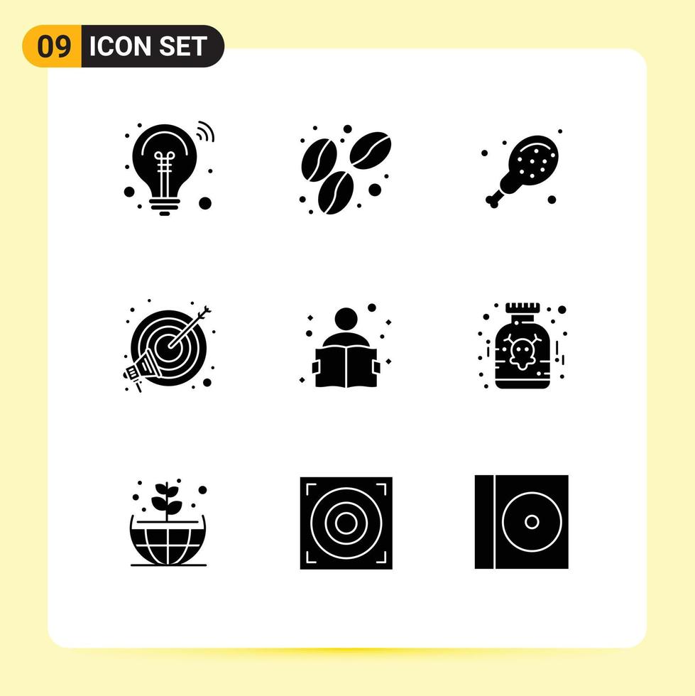 Solid Glyph Pack of 9 Universal Symbols of study knowledge food education focus Editable Vector Design Elements