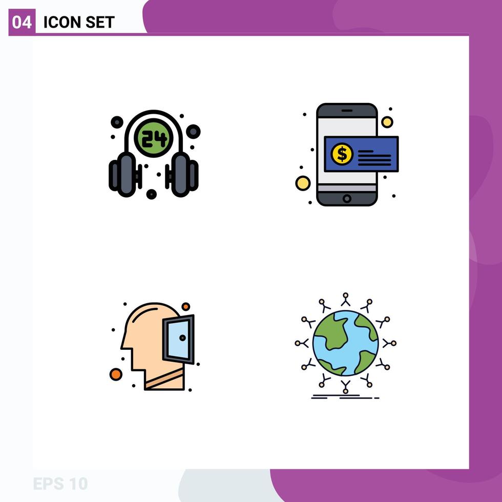 Modern Set of 4 Filledline Flat Colors and symbols such as headphone head service dollar open mind Editable Vector Design Elements