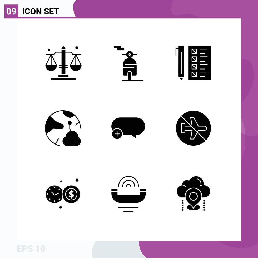 Pack of 9 Modern Solid Glyphs Signs and Symbols for Web Print Media such as comment online develop networking connect Editable Vector Design Elements