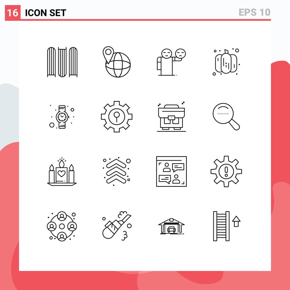 Mobile Interface Outline Set of 16 Pictograms of lock watch emoji time vegetable Editable Vector Design Elements