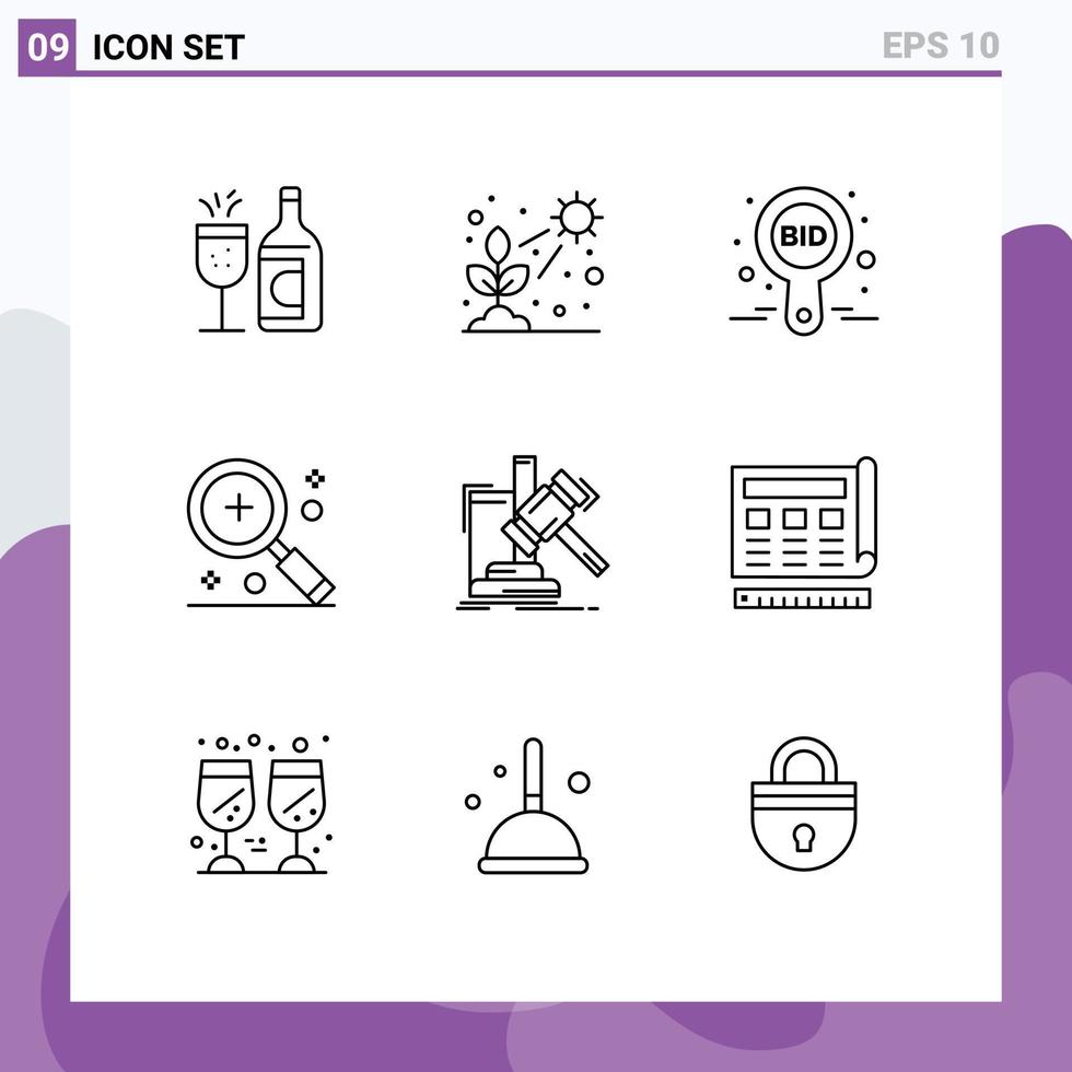 Set of 9 Vector Outlines on Grid for magnifier find grow add compete Editable Vector Design Elements