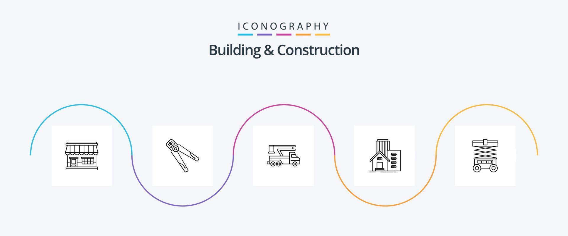 edificio y construcción línea 5 5 icono paquete incluso bienes. transporte. prensado levantamiento. camión vector