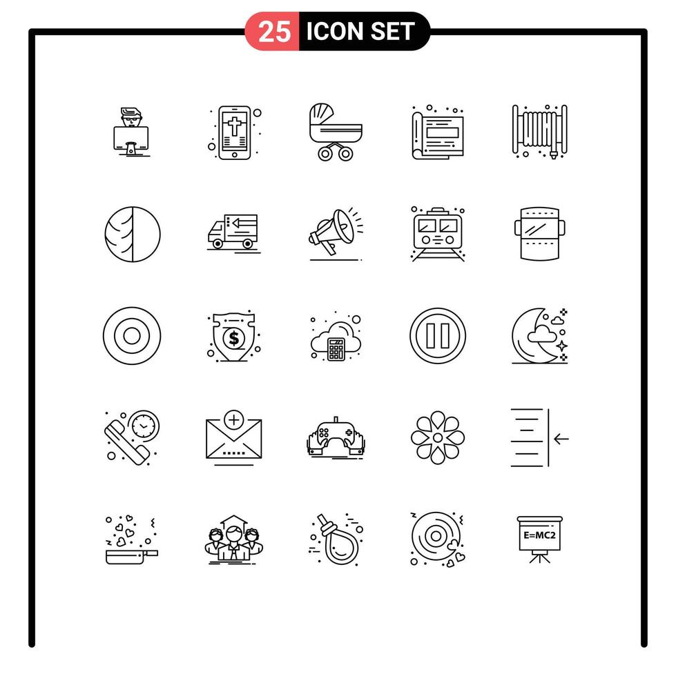 User Interface Pack of 25 Basic Lines of alarm office trolly magazine stroller Editable Vector Design Elements