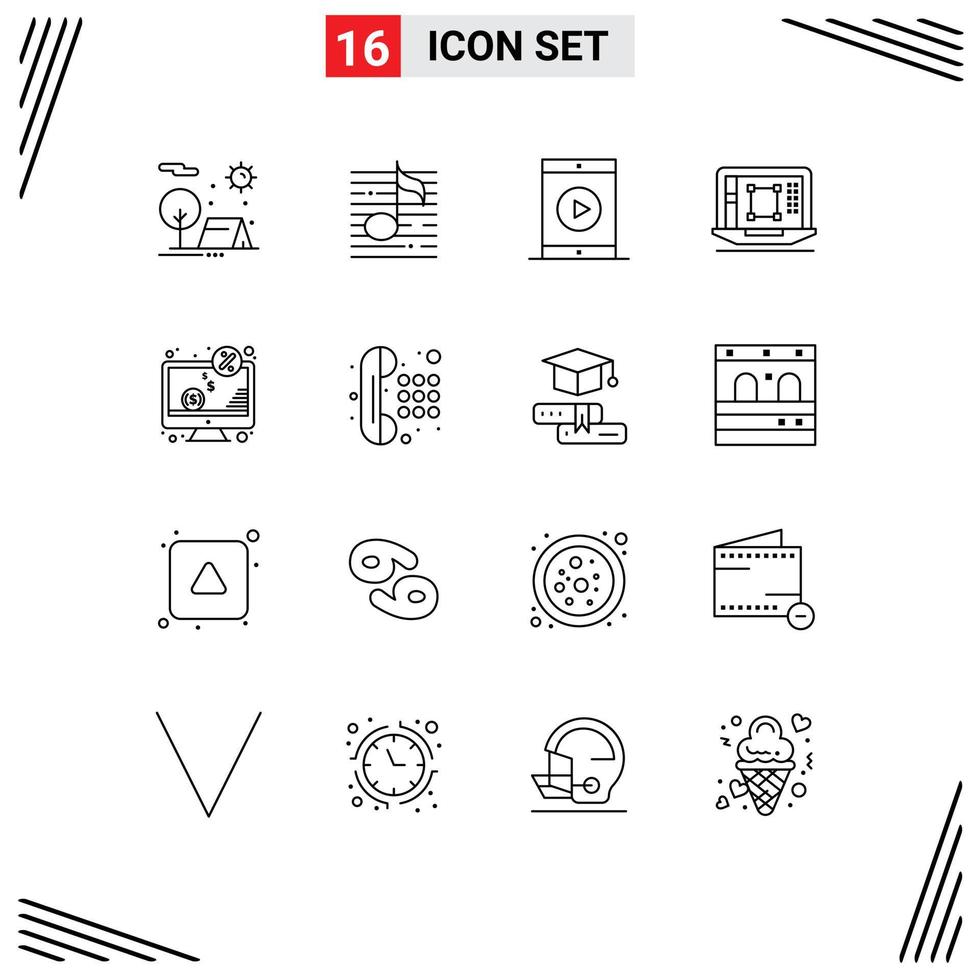 Modern Set of 16 Outlines and symbols such as designing tool laptop sound phone mobile Editable Vector Design Elements