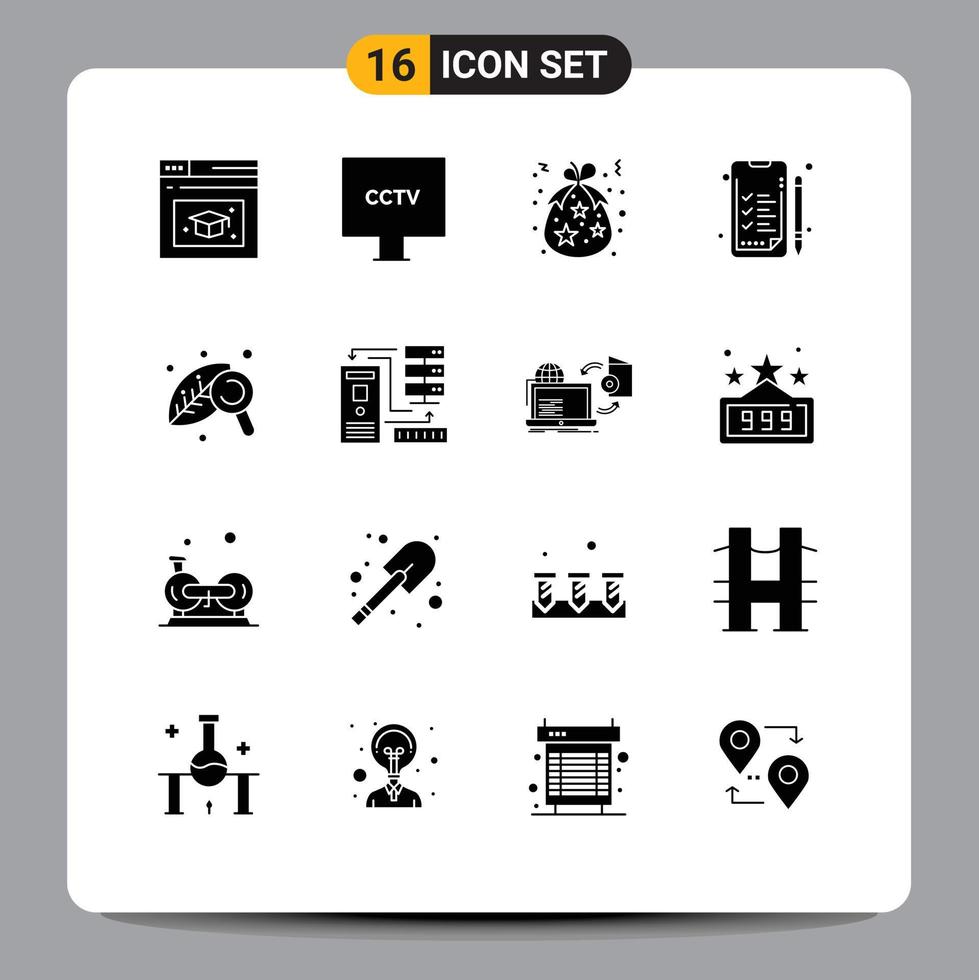 Solid Glyph Pack of 16 Universal Symbols of research work bag business holidays Editable Vector Design Elements