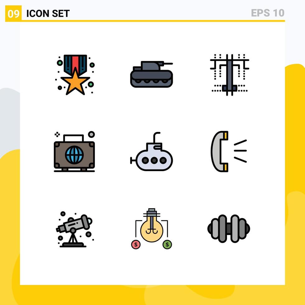 Set of 9 Modern UI Icons Symbols Signs for submarine luggage creative international baggage Editable Vector Design Elements