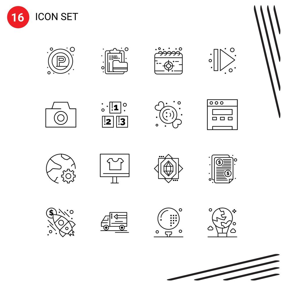 Pack of 16 Modern Outlines Signs and Symbols for Web Print Media such as photo multimedia folder eject target Editable Vector Design Elements