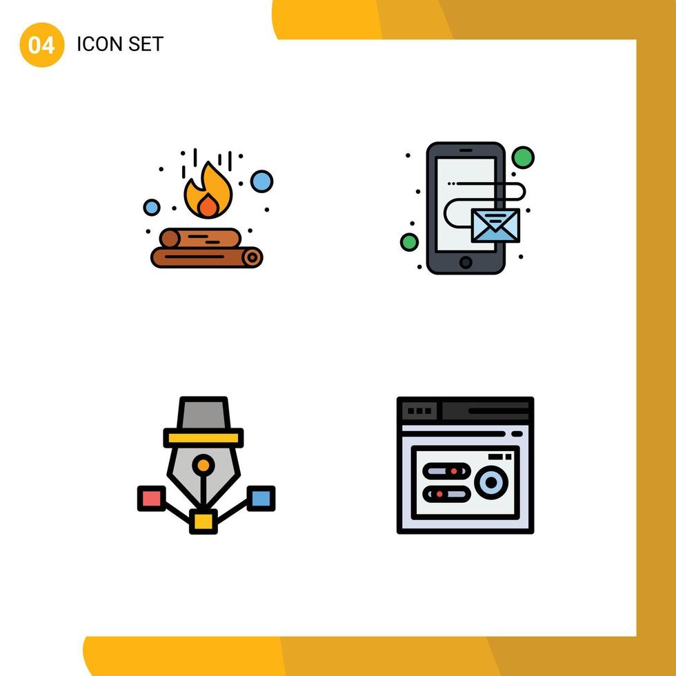 Mobile Interface Filledline Flat Color Set of 4 Pictograms of campfire art flame mobile draw Editable Vector Design Elements