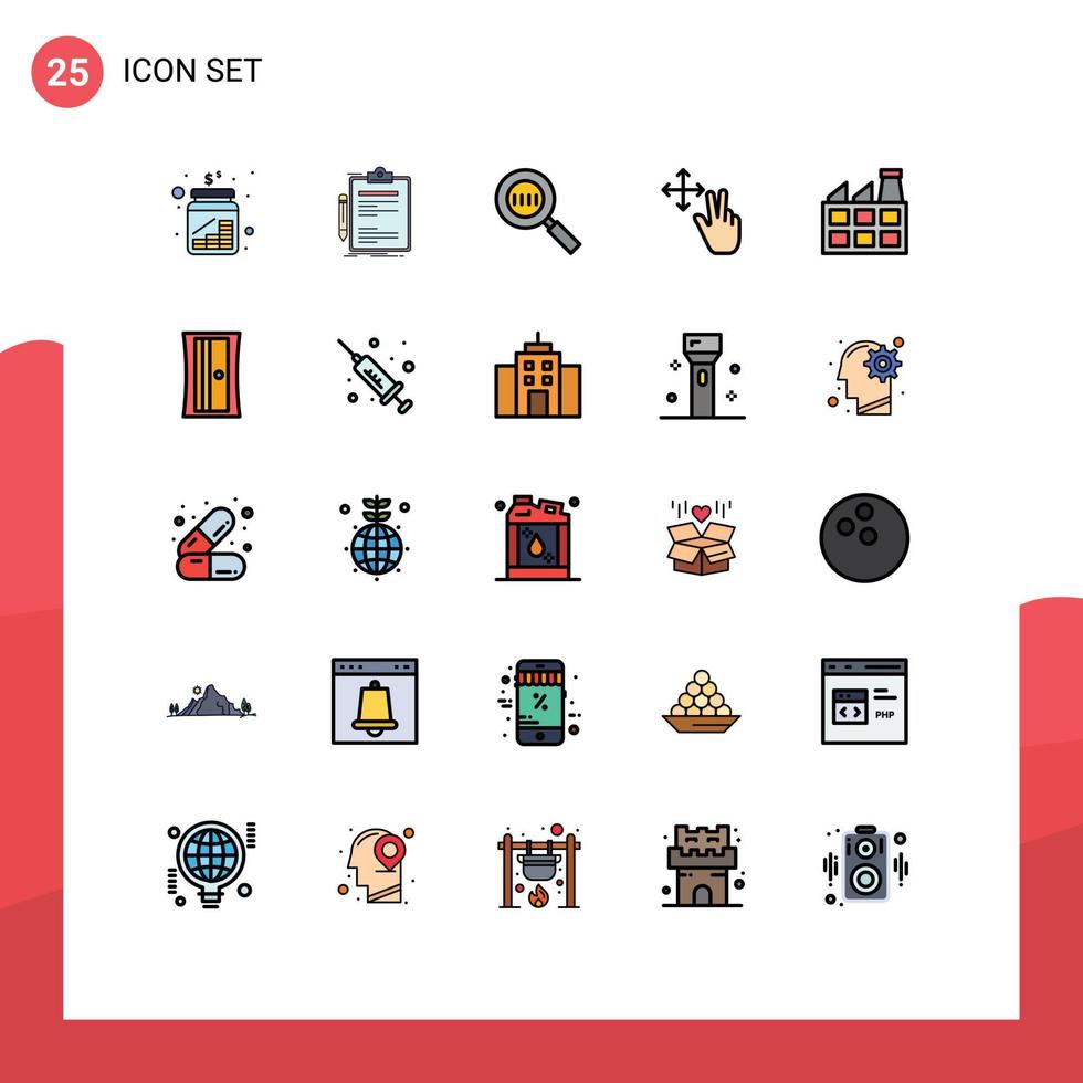 25 lleno línea plano color concepto para sitios web móvil y aplicaciones construcción gesto hecho dedo lupa editable vector diseño elementos