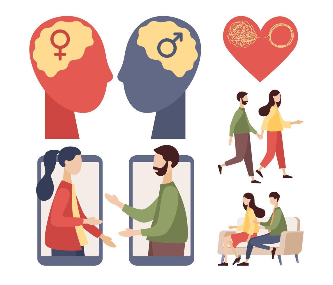 Couple set. Man and woman relationship. Male and female psychology. Psychologist, therapist, love concept. Vector flat illustration