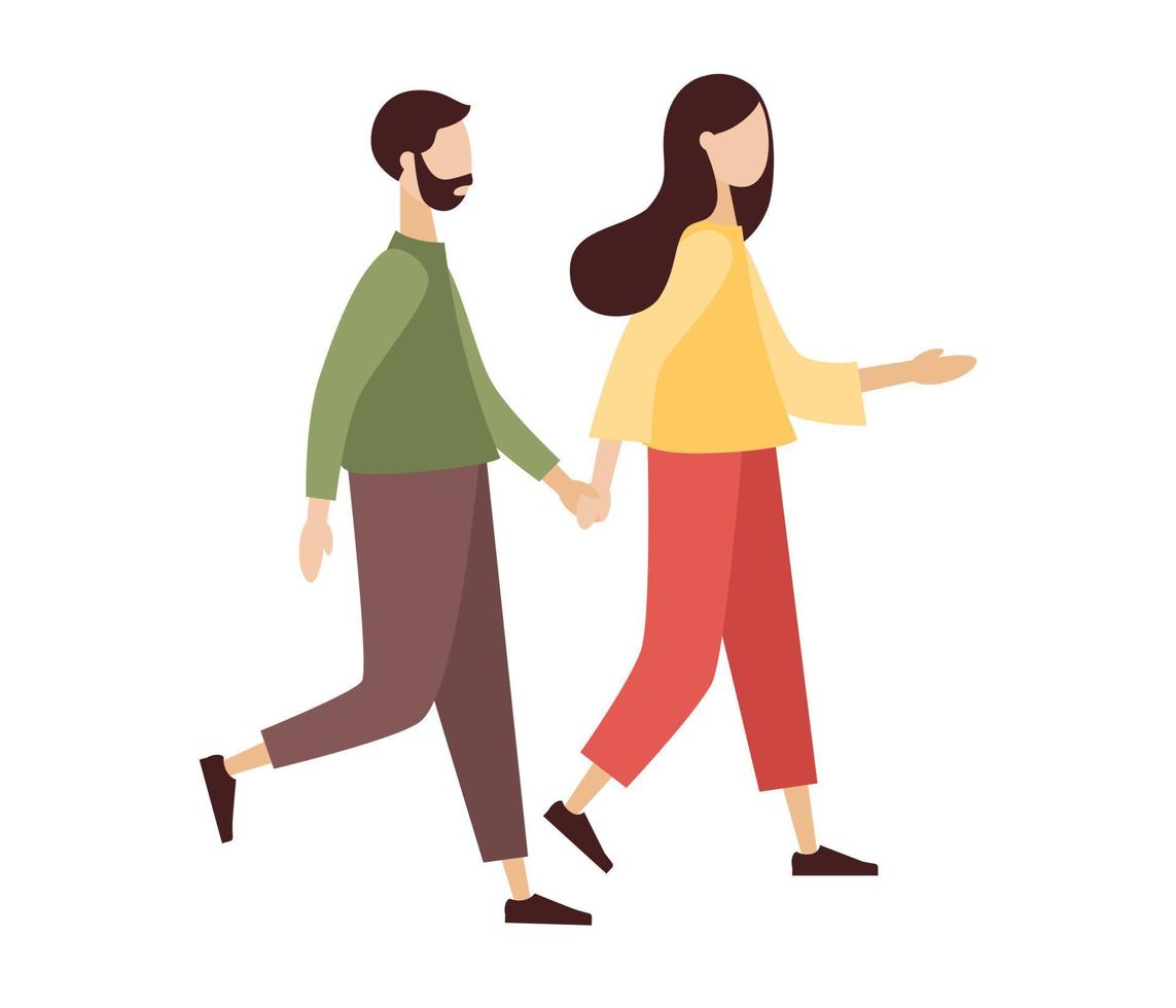 amor Pareja de personas participación manos y caminando. hombre y mujer relación. masculino y hembra psicología concepto. vector plano ilustración