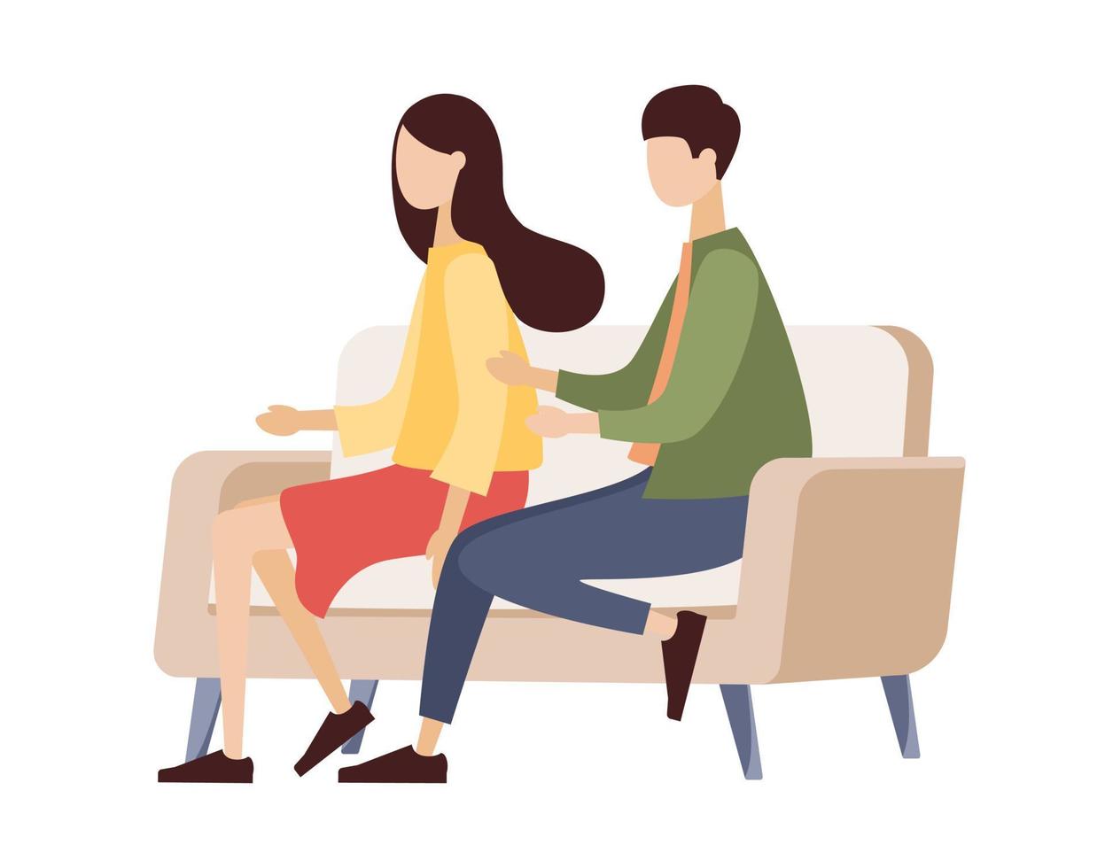 Love couple of people sitting on the sofa. Man and woman relationship. Male and female psychology concept. Vector flat illustration