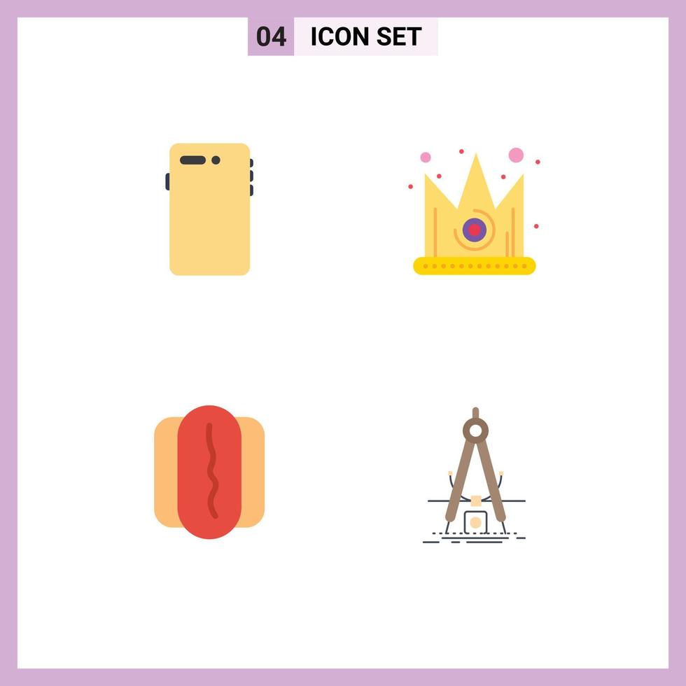 Set of 4 Vector Flat Icons on Grid for phone food back crown sausage Editable Vector Design Elements