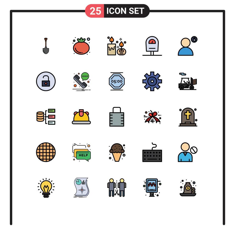 Pack of 25 Modern Filled line Flat Colors Signs and Symbols for Web Print Media such as padlock parking aroma meter lamp Editable Vector Design Elements