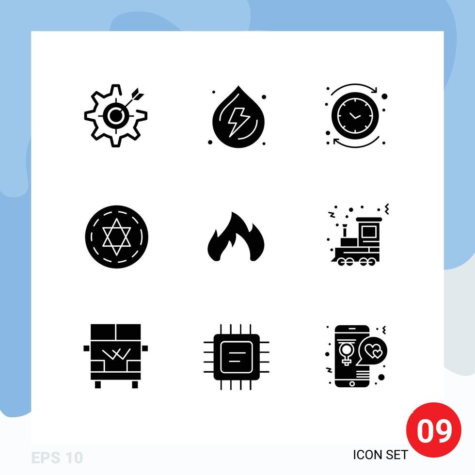 Pictogram Set of 9 Simple Solid Glyphs of fire halloween power circle reverse Editable Vector Design Elements
